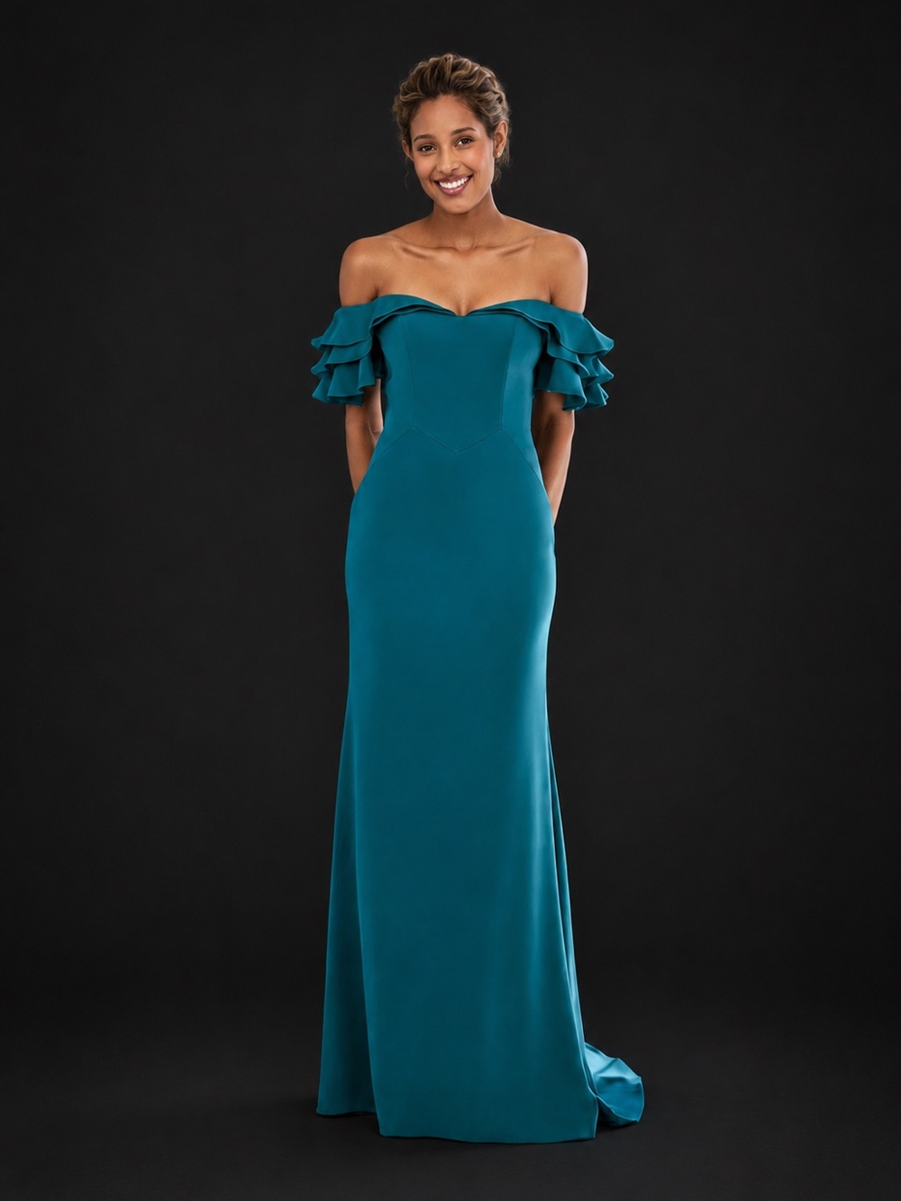 Elegant Teal Ruffle-Sleeve Evening Dress MGNY by Morilee